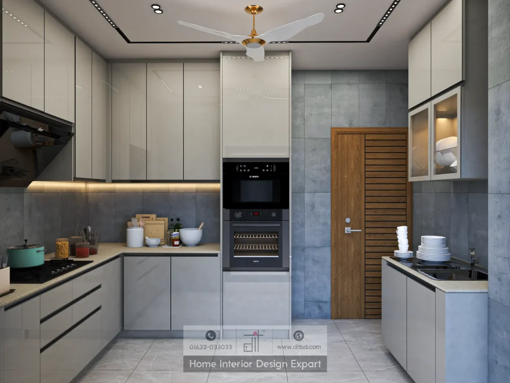L-shaped modular kitchen with Bosch built-in oven and grey cabinetry in Bailyroad designed by DIT Studio