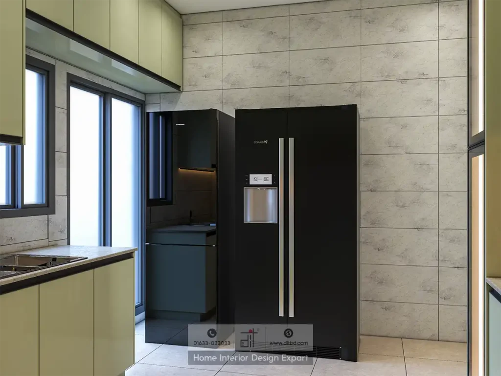 Side-by-side black refrigerator in modular kitchen utility corner in Aftabnagar by DIT Studio