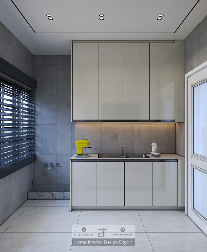 Kitchen sink station with under-cabinet LED lighting and yellow espresso machine in Dhanmondi-6A by DIT Studio