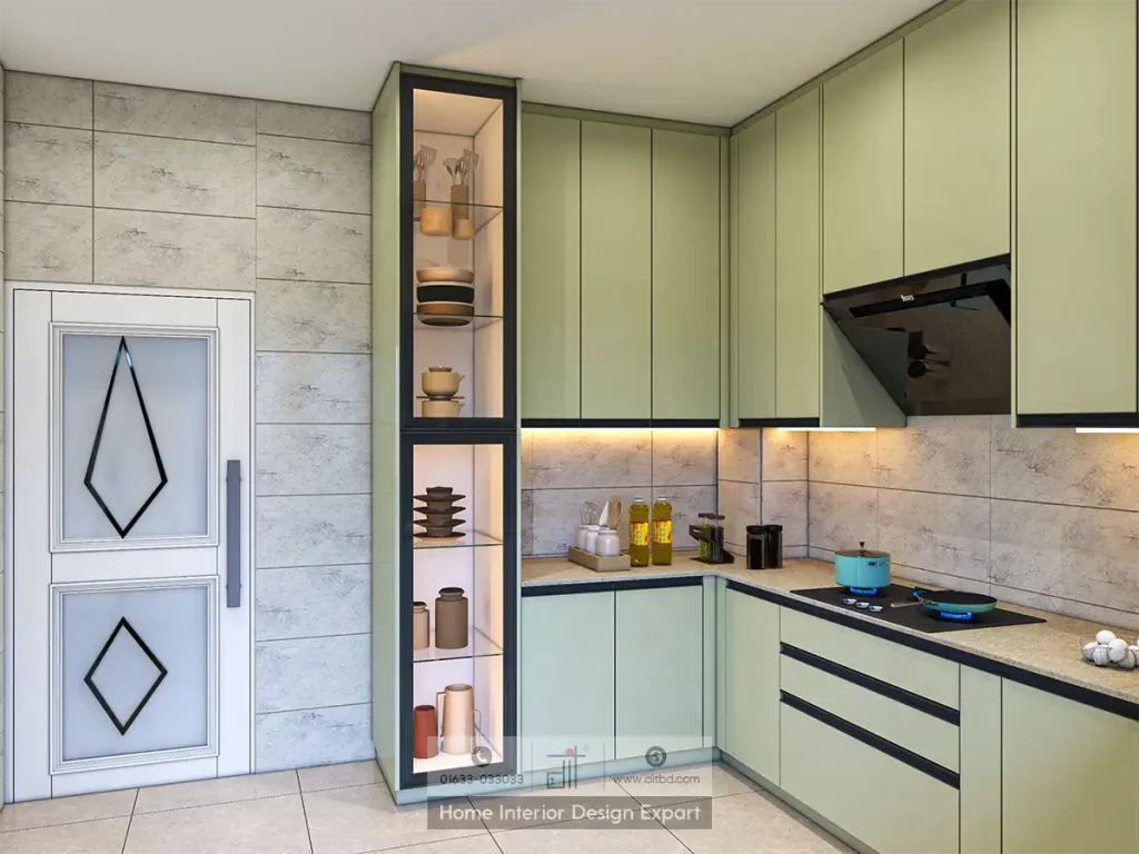 Glass display shelf and kitchen entry with sage-green cabinetry in Aftabnagar kitchen by DIT Studio