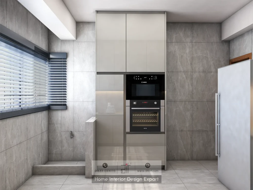 Built-in Bosch oven and microwave tower in grey modular kitchen in Mirpur by DIT Studio