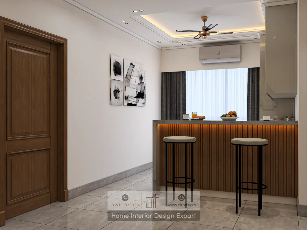 Open kitchen breakfast bar with wooden slat island and bar stools in Keraniganj apartment by DIT Studio