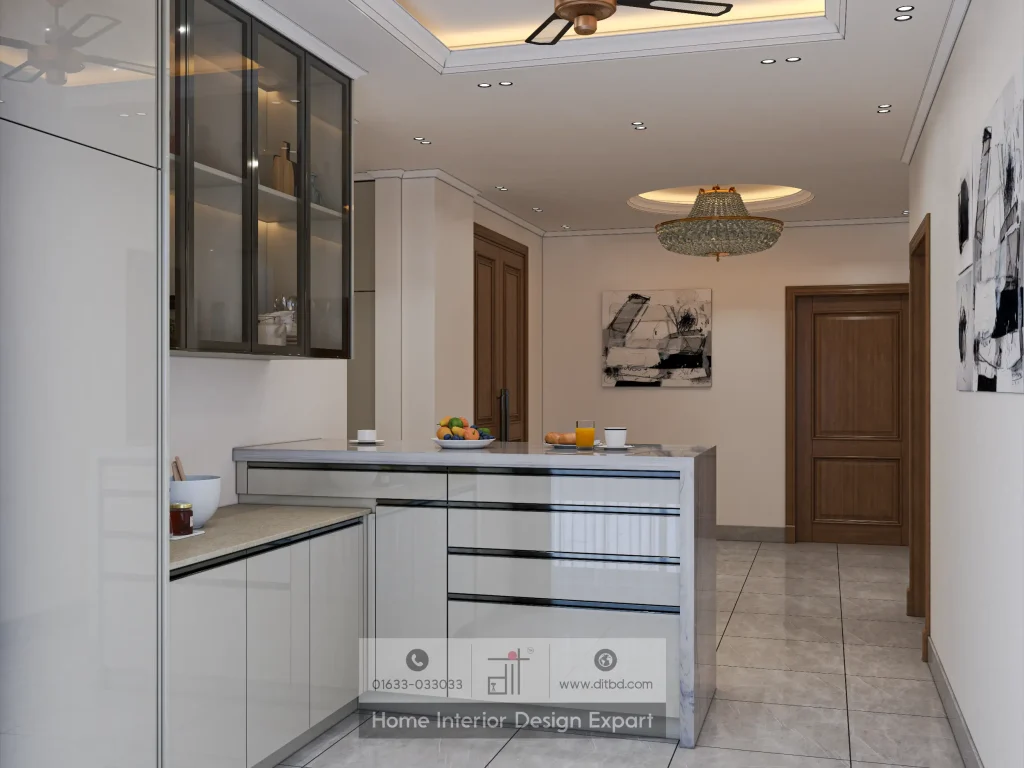 Glossy white kitchen island with marble countertop and crystal chandelier in Keraniganj by DIT Studio
