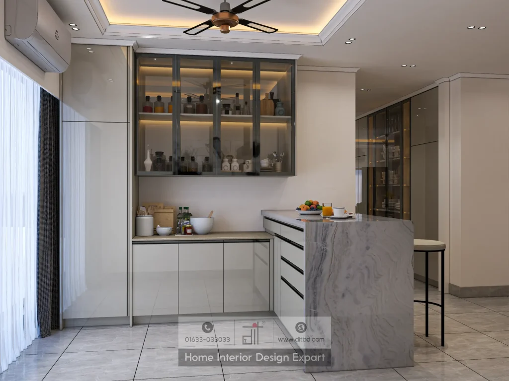 Kitchen storage wall with glass-front cabinets and marble waterfall island in Keraniganj home by DIT Studio