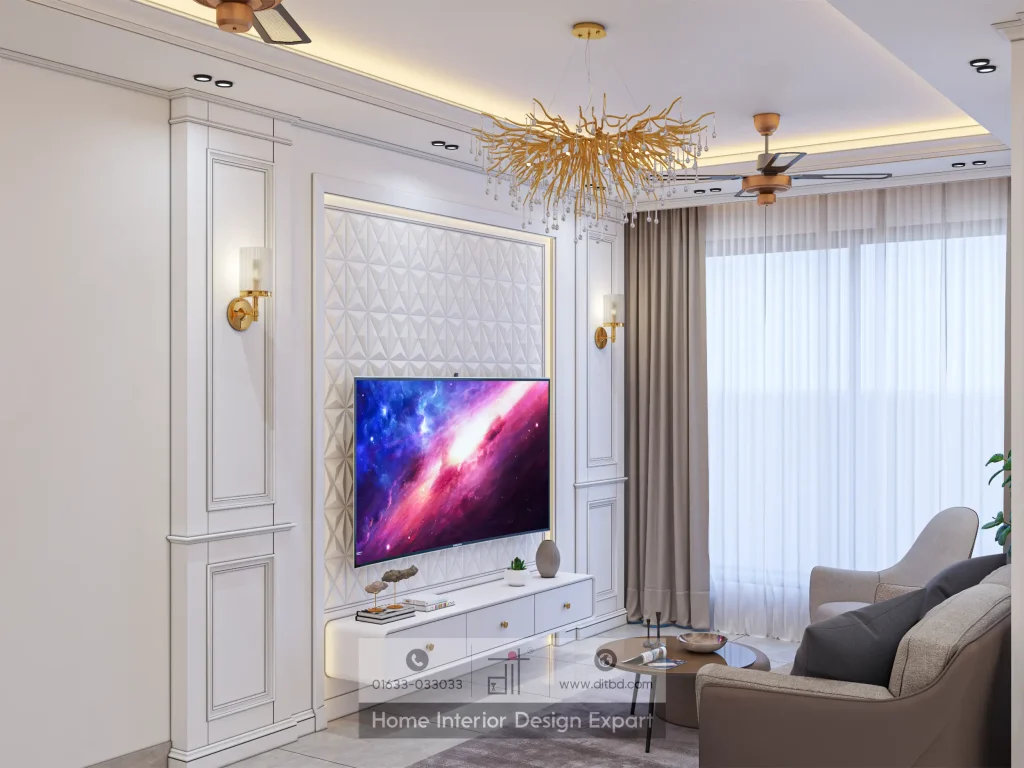 Neoclassical TV cabinet wall with 3D white textured panels and gold sconces in Keraniganj apartment by DIT Studio