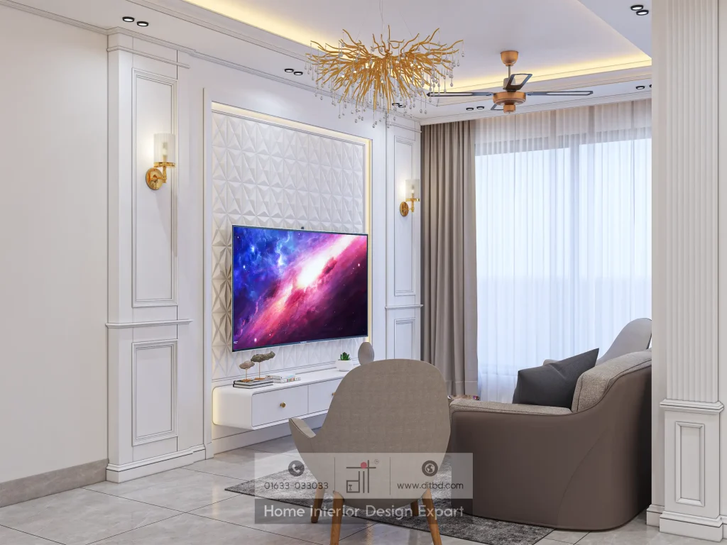 TV cabinet design with floating white console and gold chandelier in Keraniganj living room by DIT Studio