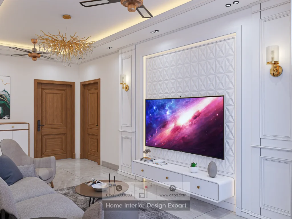 Wide-angle view of TV cabinet wall with wooden doors and marble rug in Keraniganj home by DIT Studio