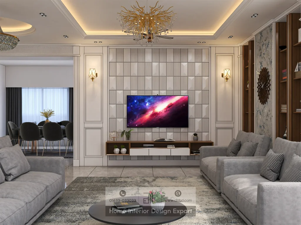 Full living room with L-shaped grey sofa and custom TV cabinet design in Keraniganj by DIT Studio