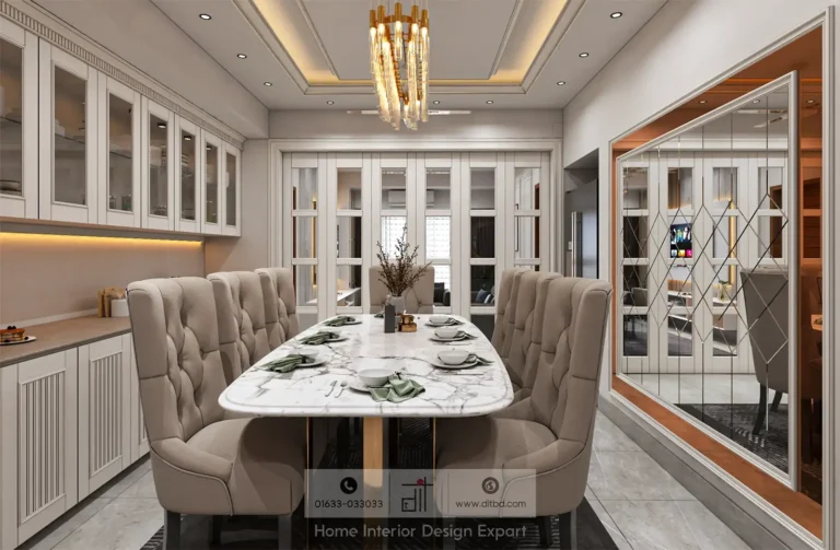 Luxury dining room interior design featuring a marble table, tufted upholstered chairs, custom white cabinetry, and elegant chandelier by DIT Studio
