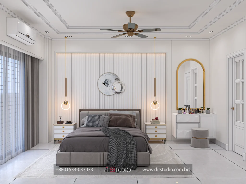Bedroom with fluted white headboard panel, circular mirror wall art and gold ring pendants, Basabo