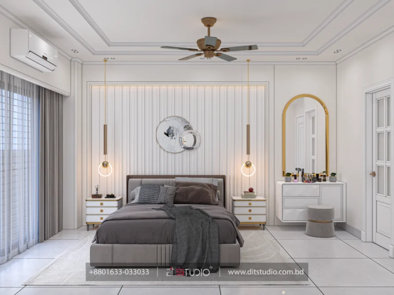 Bedroom with fluted white headboard panel, circular mirror wall art and gold ring pendants, Basabo