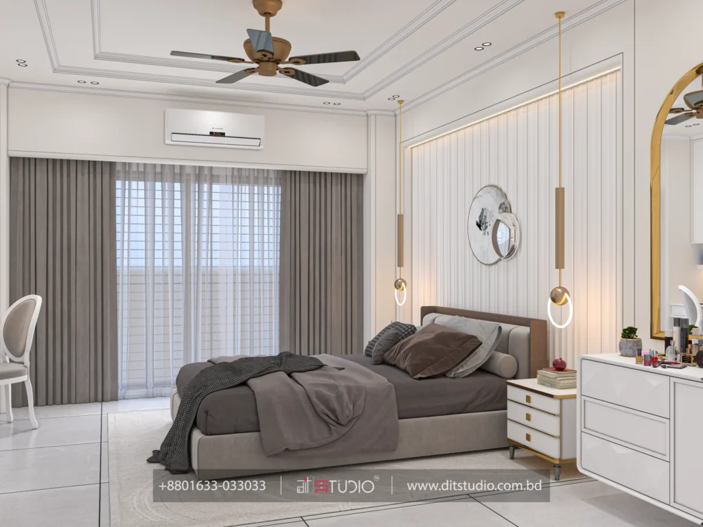 Bedroom with brown upholstered bed, grey curtains and an arched gold mirror over a white dresser