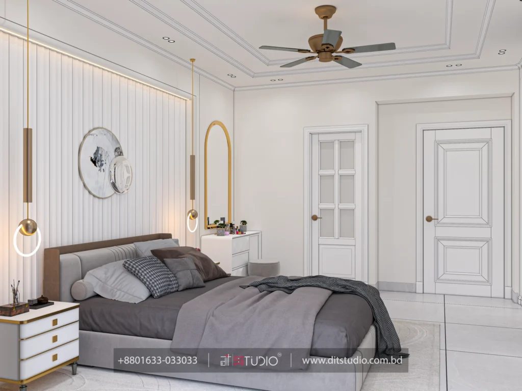 Bedroom viewed toward the fluted panel wall with twin gold pendants and white classic doors