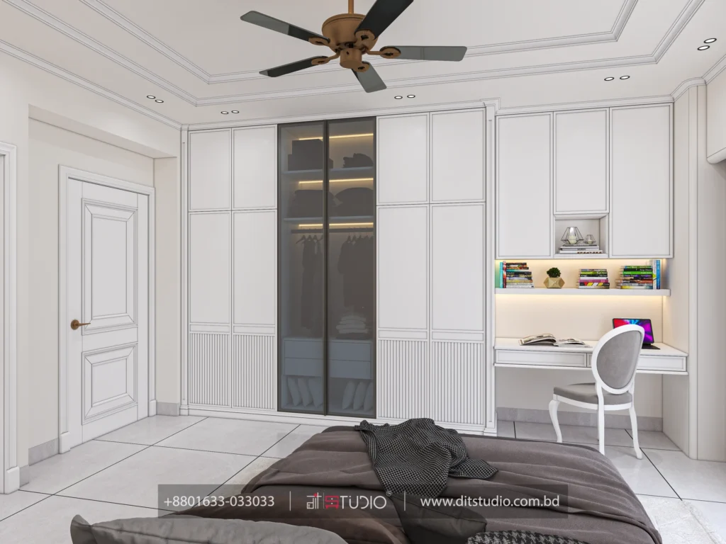 White panelled wardrobe with smoked glass centre doors and a backlit study desk nook