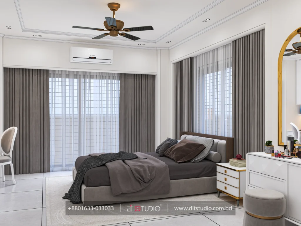 Bedroom from the window side with grey curtains, white dresser and arched gold mirror