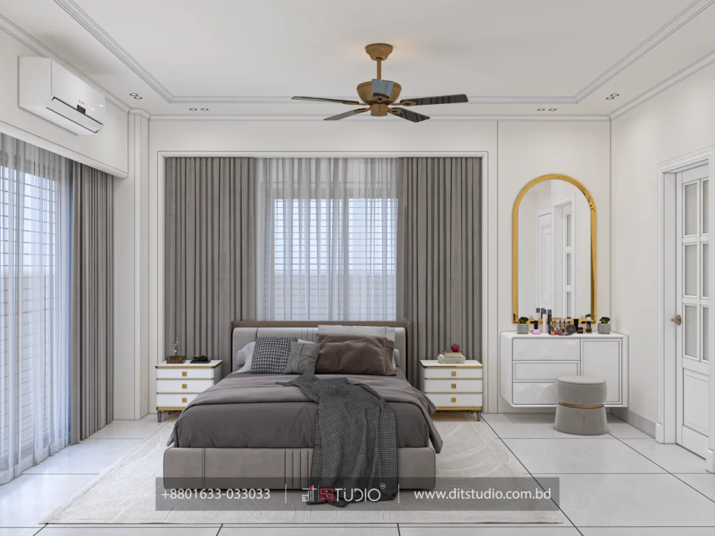 Bed centred on a grey curtain wall with twin nightstands and a round dressing stool