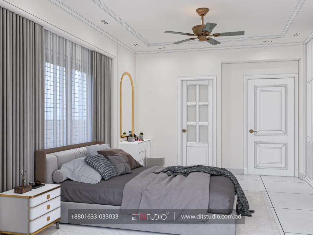 Angled bedroom view with arched gold mirror, white dresser and two panelled doors