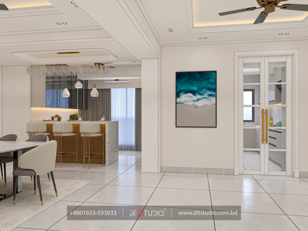 Dining and breakfast bar with fluted wood island, marble top and crystal bar chandelier, Basabo