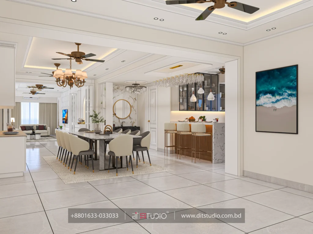Open plan dining with marble table, brass chandelier and round gold mirror on marble panel