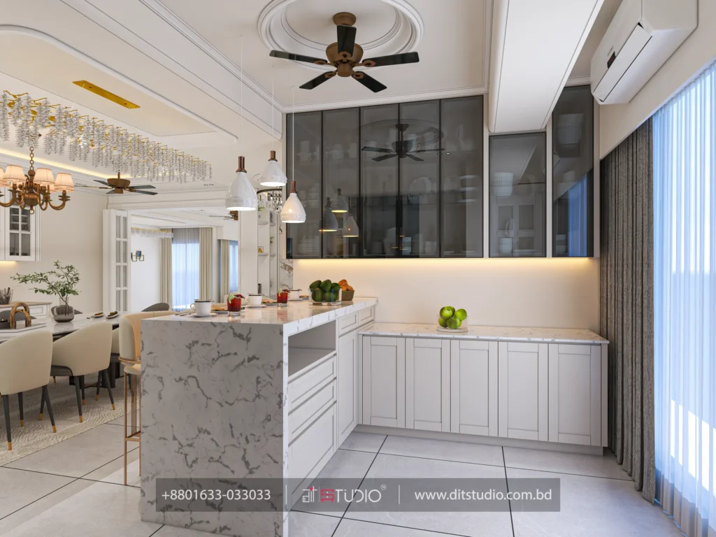 Kitchen with marble waterfall island, dark glass upper cabinets and bell pendant lights