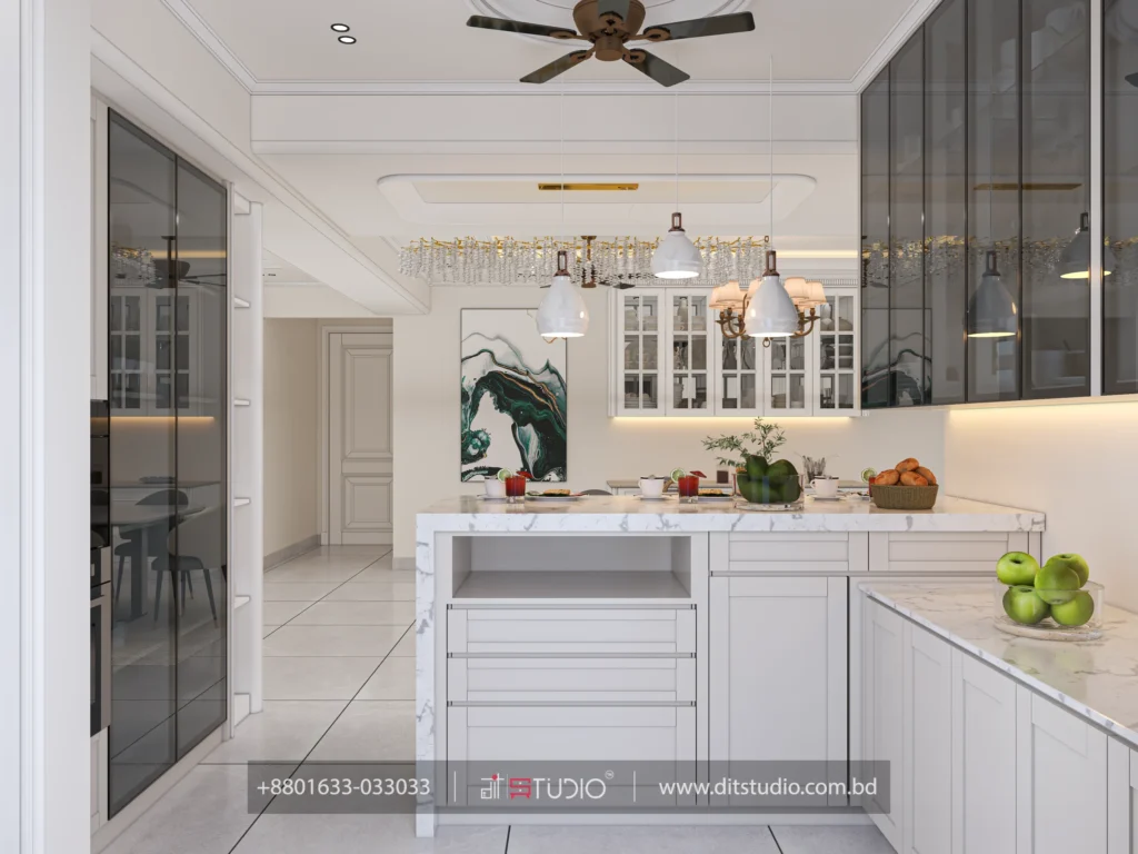 Kitchen island in marble with open shelving, bell pendants and teal abstract artwork