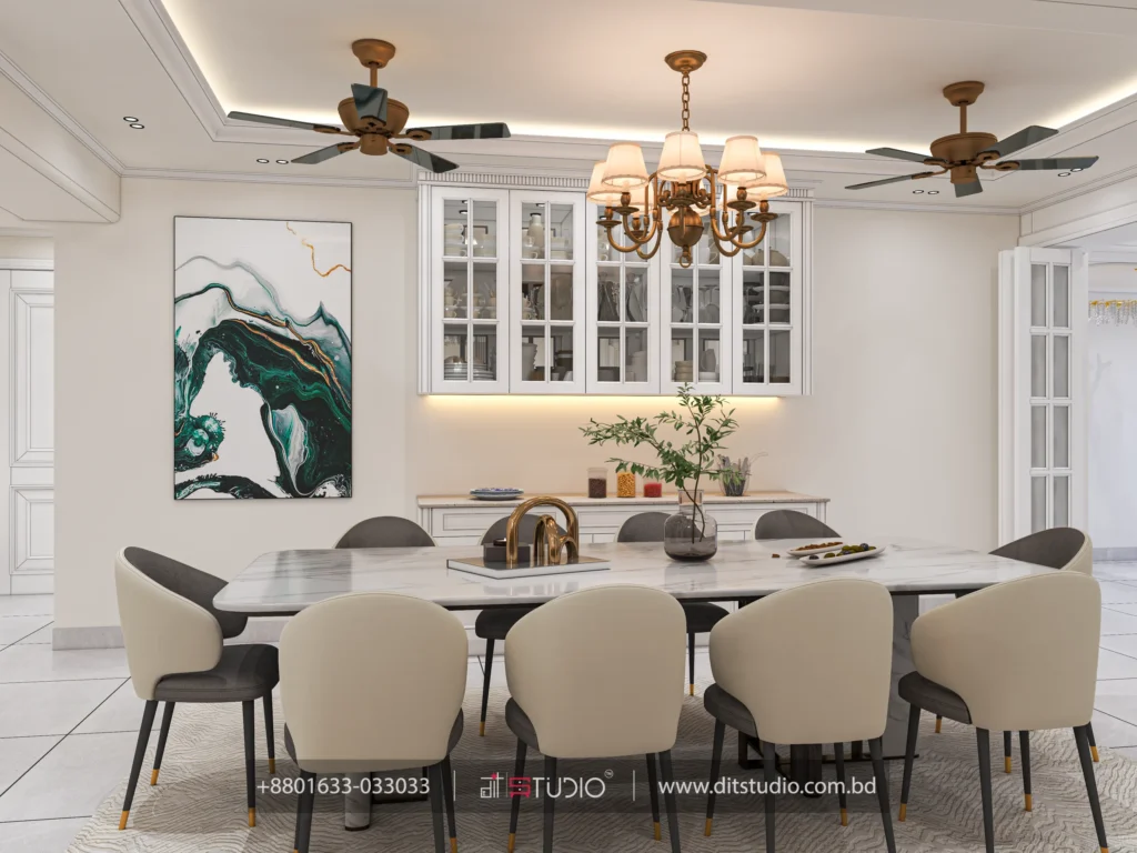 Dining room with brass six arm chandelier and white glass front crockery cabinets