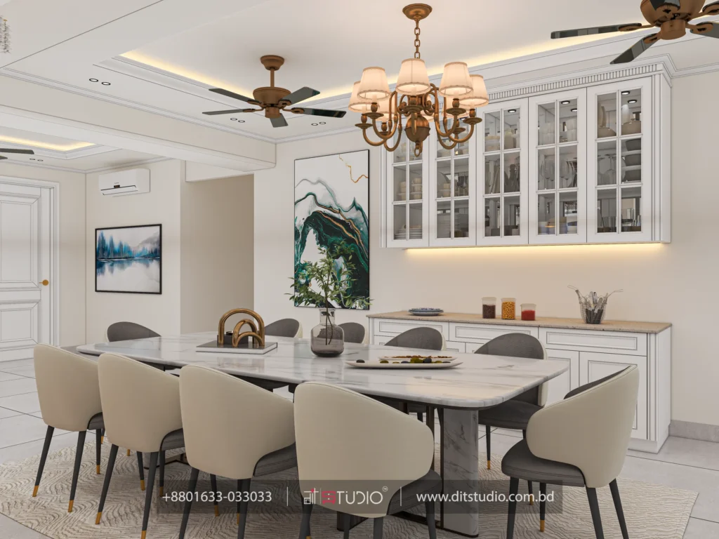 Angled dining view with marble table, glazed cabinetry and framed mountain artwork