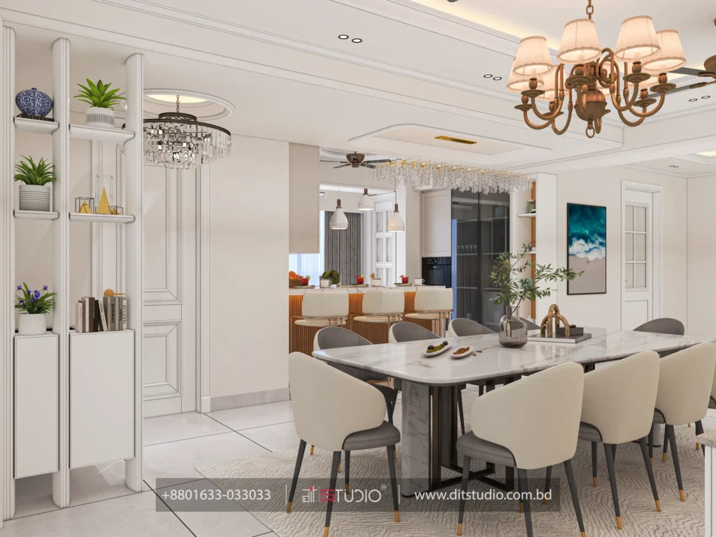 Dining beside a white display shelf column with plants under a crystal drum chandelier