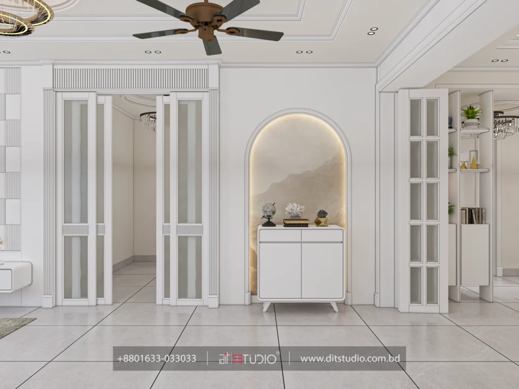 Entry lobby with arched backlit niche, white console and frosted glass folding doors