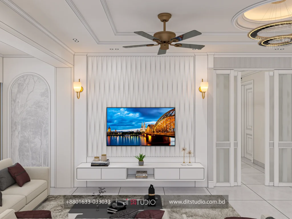 Living room with 3D wave panel TV wall, gold wall sconces and a floating white console