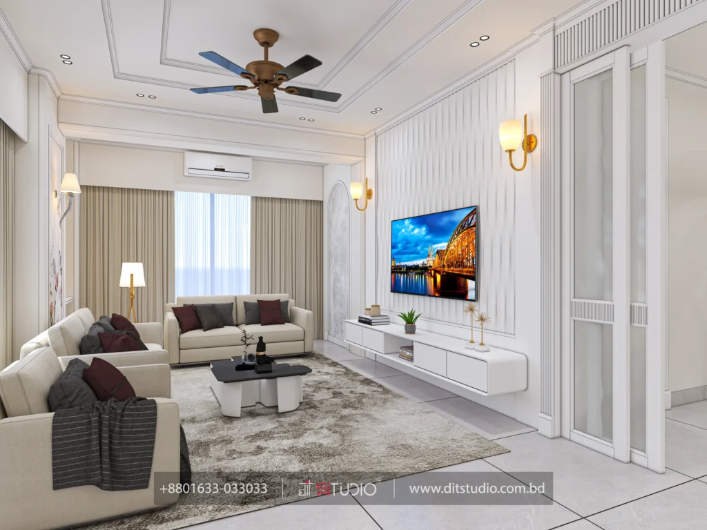 Living room with beige sofa set, cream curtains, tripod lamp and wave textured TV wall