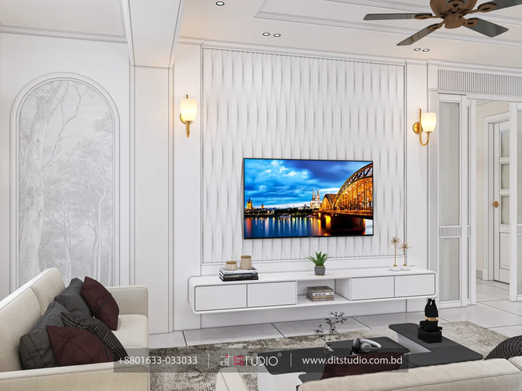 Wave panel TV wall framed by brass sconces beside an arched forest mural niche, Basabo