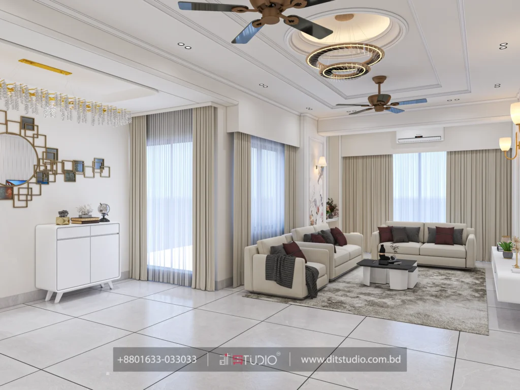 Living area with geometric gold mirror art, white sideboard and crystal cascade chandelier