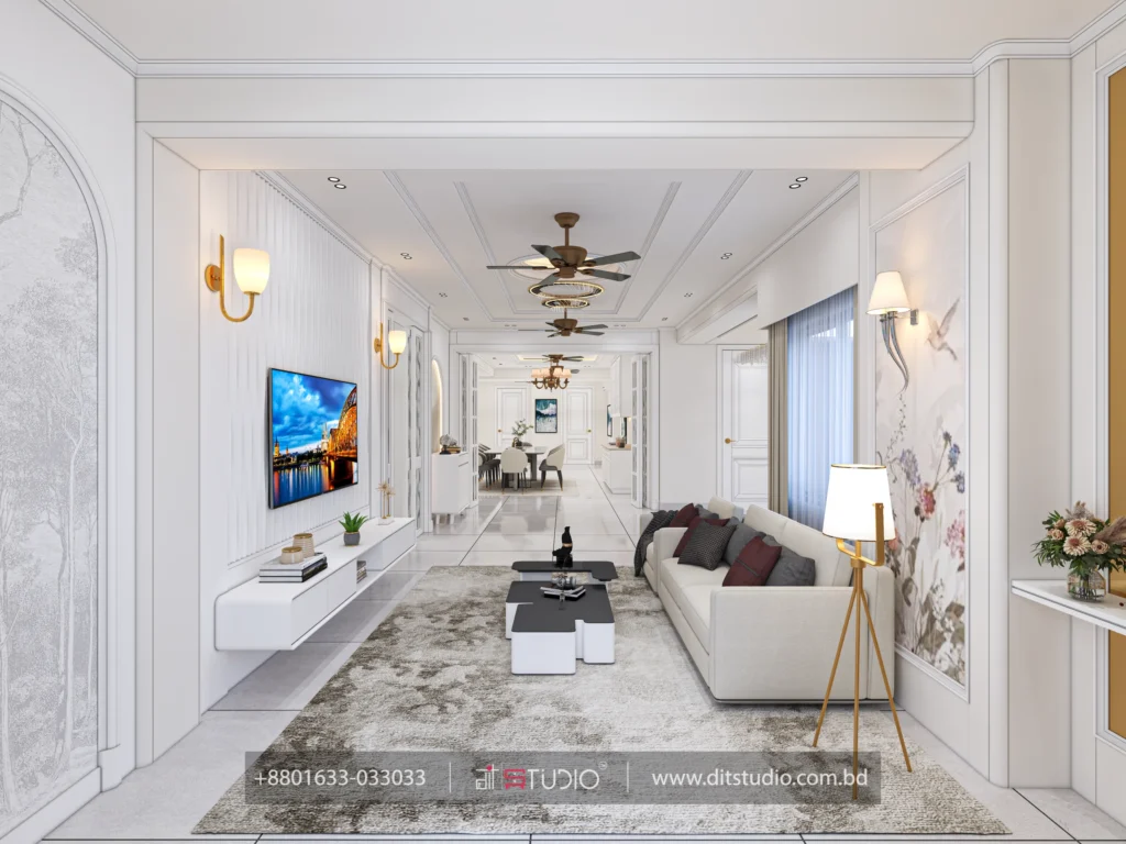 Long living room view past the TV wall and floral mural to the dining table beyond