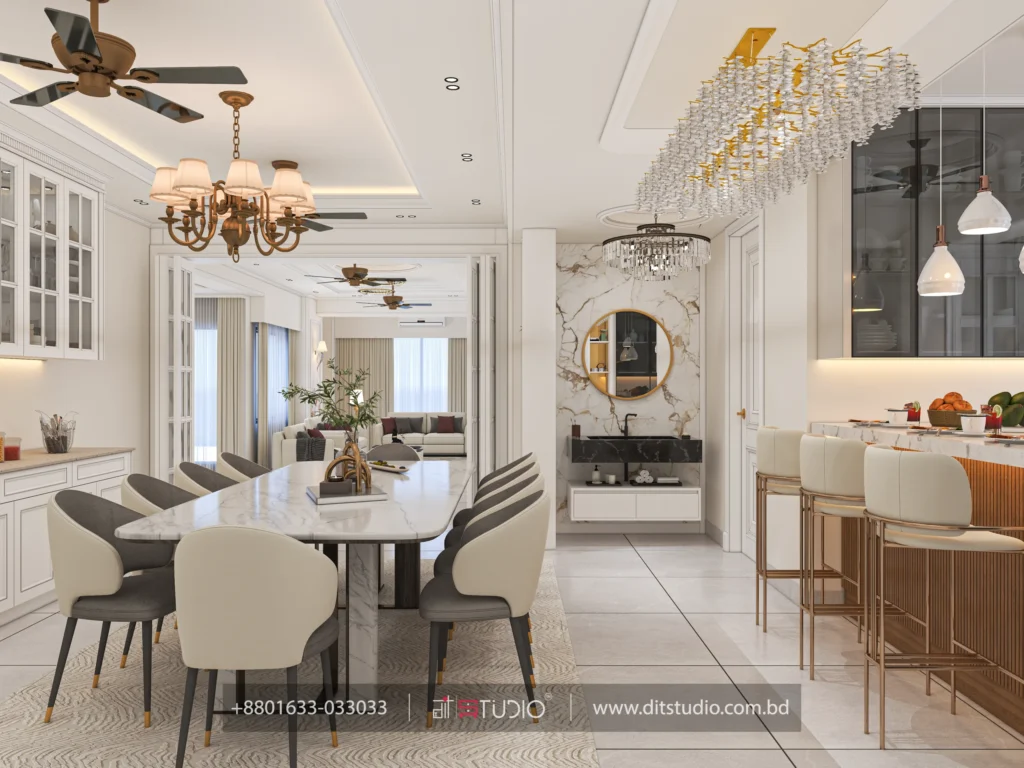 Marble dining table with cream chairs, brass chandelier and marble washbasin niche, Basabo