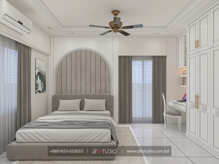 Girls bedroom with arched grey upholstered headboard, ceiling fan and white study desk