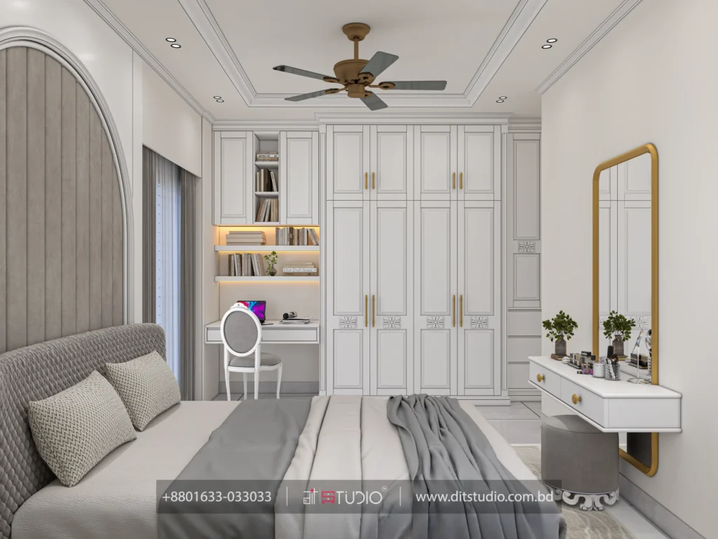 Girls bedroom wardrobe in white with gold handles, backlit book shelves and study chair