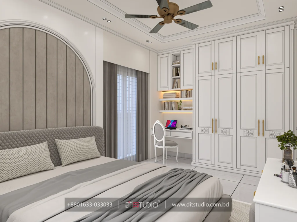 Girls bedroom with arched headboard panel, panelled wardrobe and lit shelf study nook