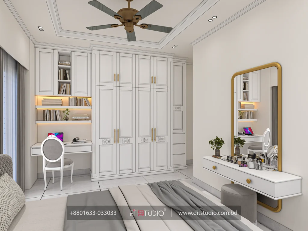 Study nook with lit shelves beside a tall gold mirror and white floating dressing ledge