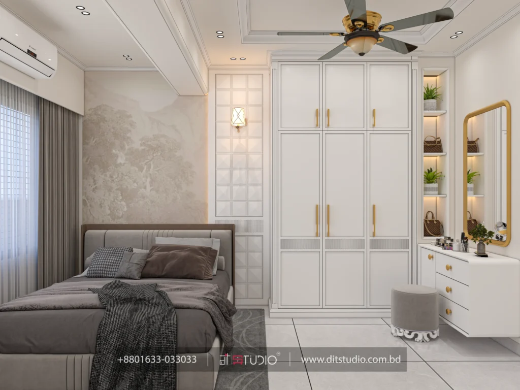 Guest bedroom with landscape mural wallpaper, white wardrobe and lit handbag display niche