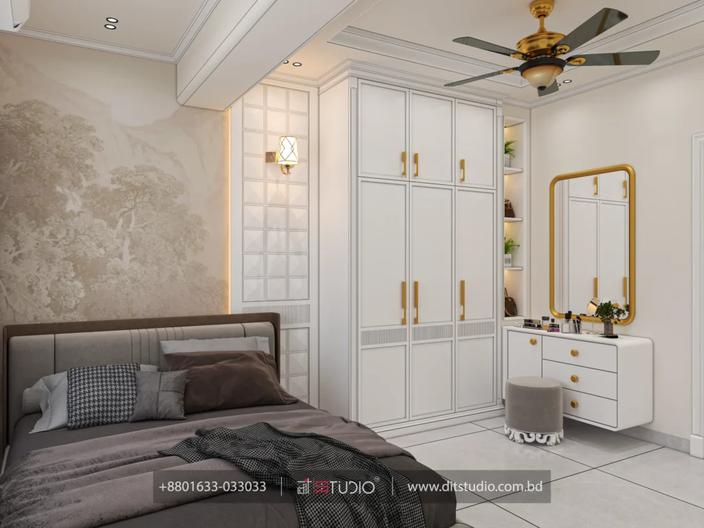 Guest bedroom with quilted panel wall, lantern sconce and gold mirror over a white dresser