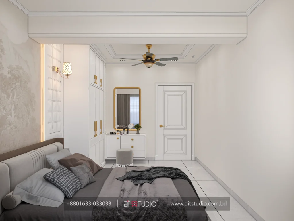Guest bedroom looking to the dressing table, gold mirror and white classic panelled door