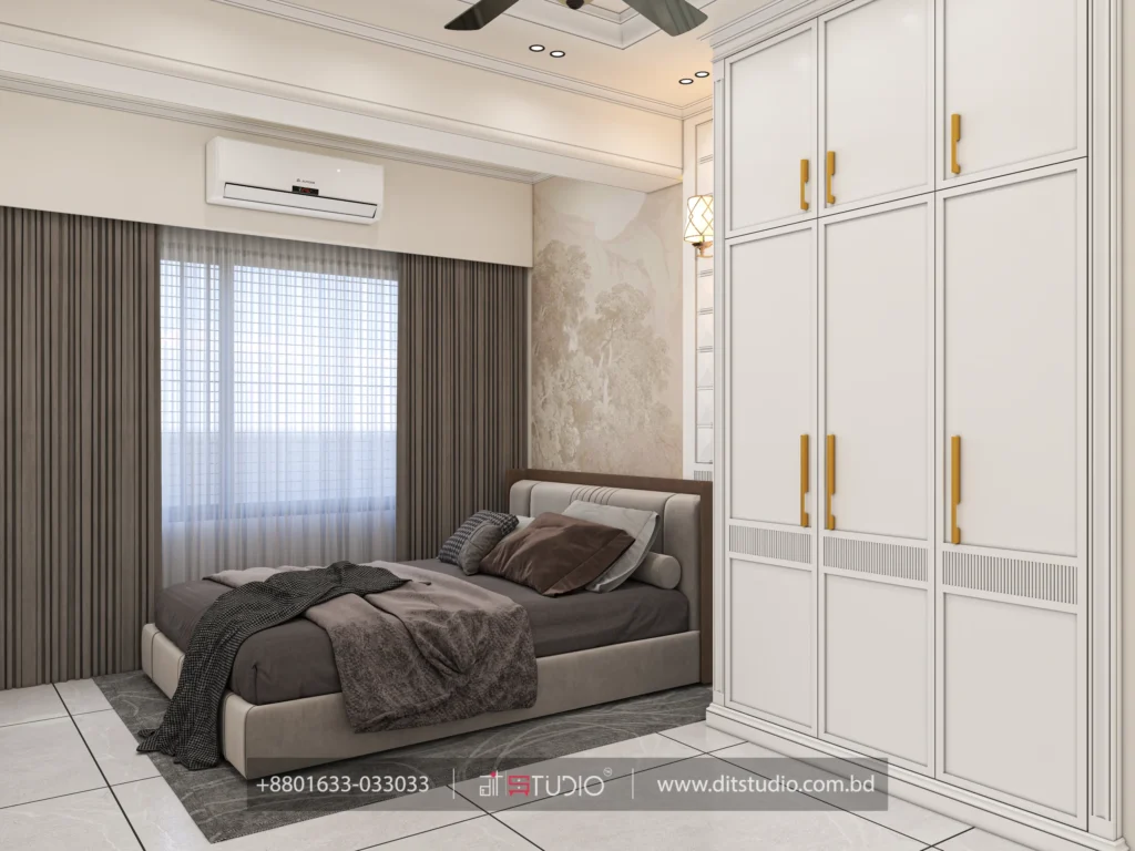Guest bedroom with brown curtains, mural accent wall and tall white wardrobe with gold handles