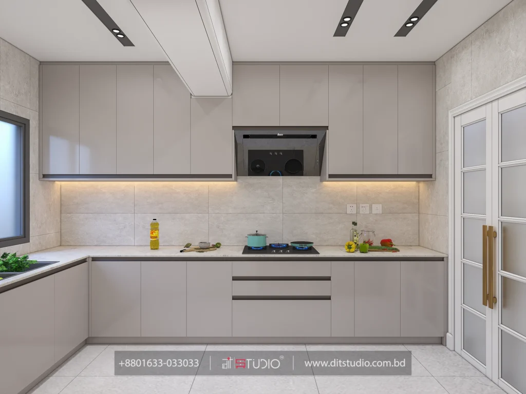 Grey handleless kitchen with gas hob, black chimney hood and under cabinet strip lighting