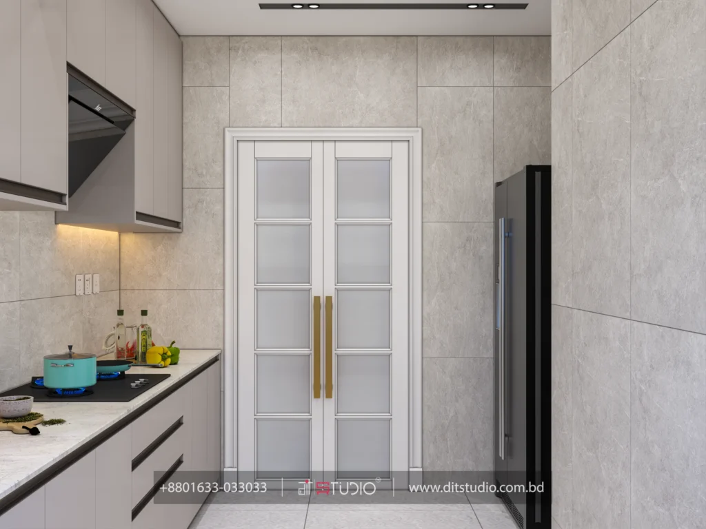 Kitchen with frosted glass folding doors, gold handles and a marble effect countertop