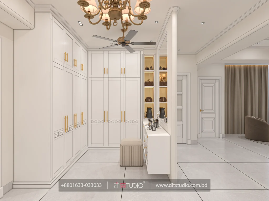 Master dressing corridor with white classic wardrobes, brass chandelier and lit bag shelves