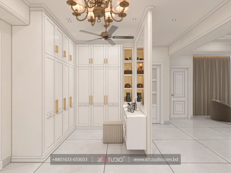 Master dressing corridor with white classic wardrobes, brass chandelier and lit bag shelves
