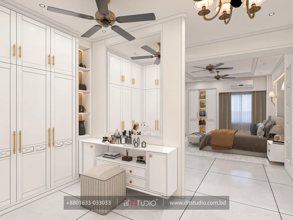 Master dressing area with tall mirror, vanity counter and stool opening to the bedroom