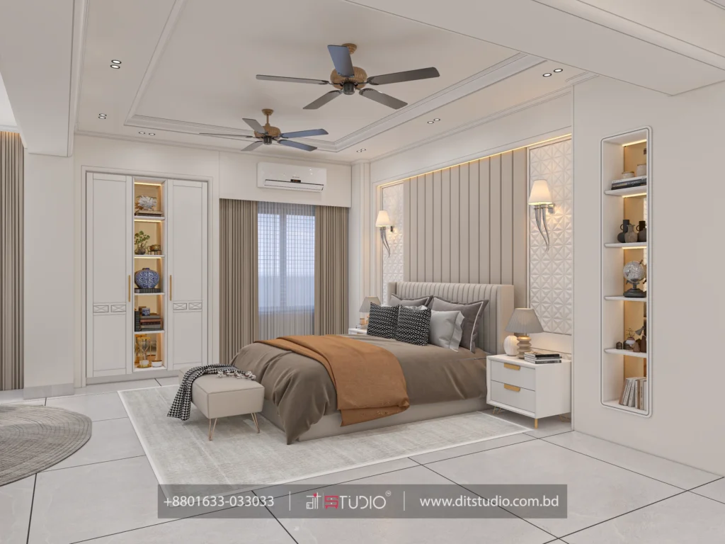 Master bedroom with fluted headboard, lit niche shelving and orange throw on the bed
