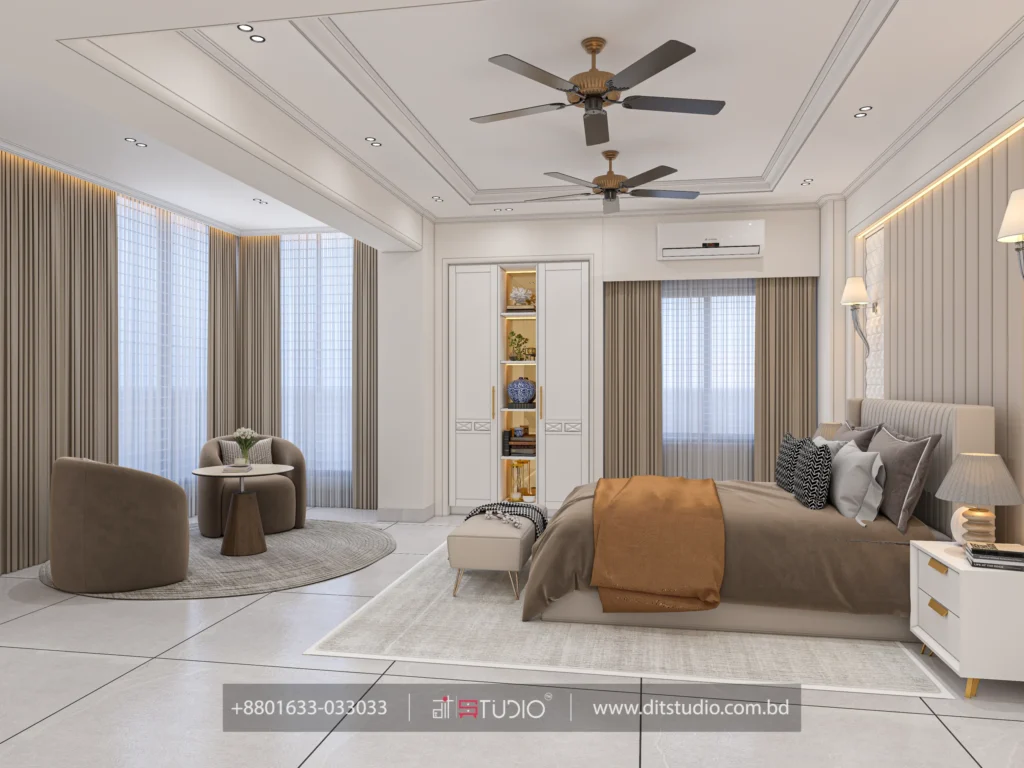 Master bedroom lounge corner with brown swivel chairs, round table and layered curtains